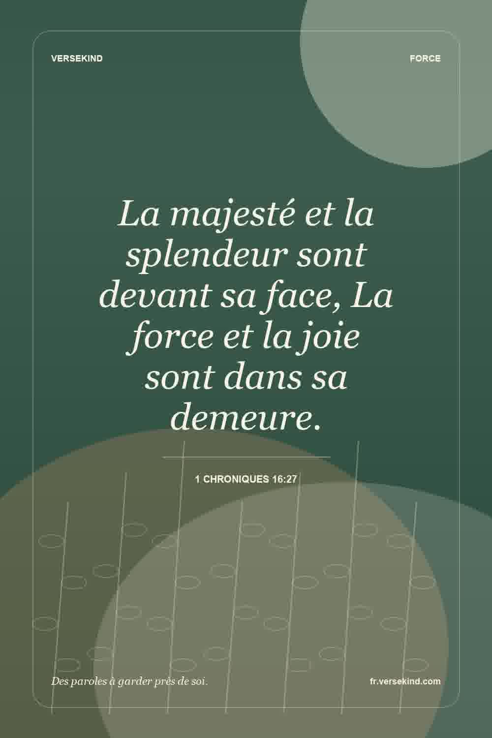 La majesté et la splendeur sont devant sa face, La force et la joie sont dans sa demeure. — 1 Chroniques 16:27