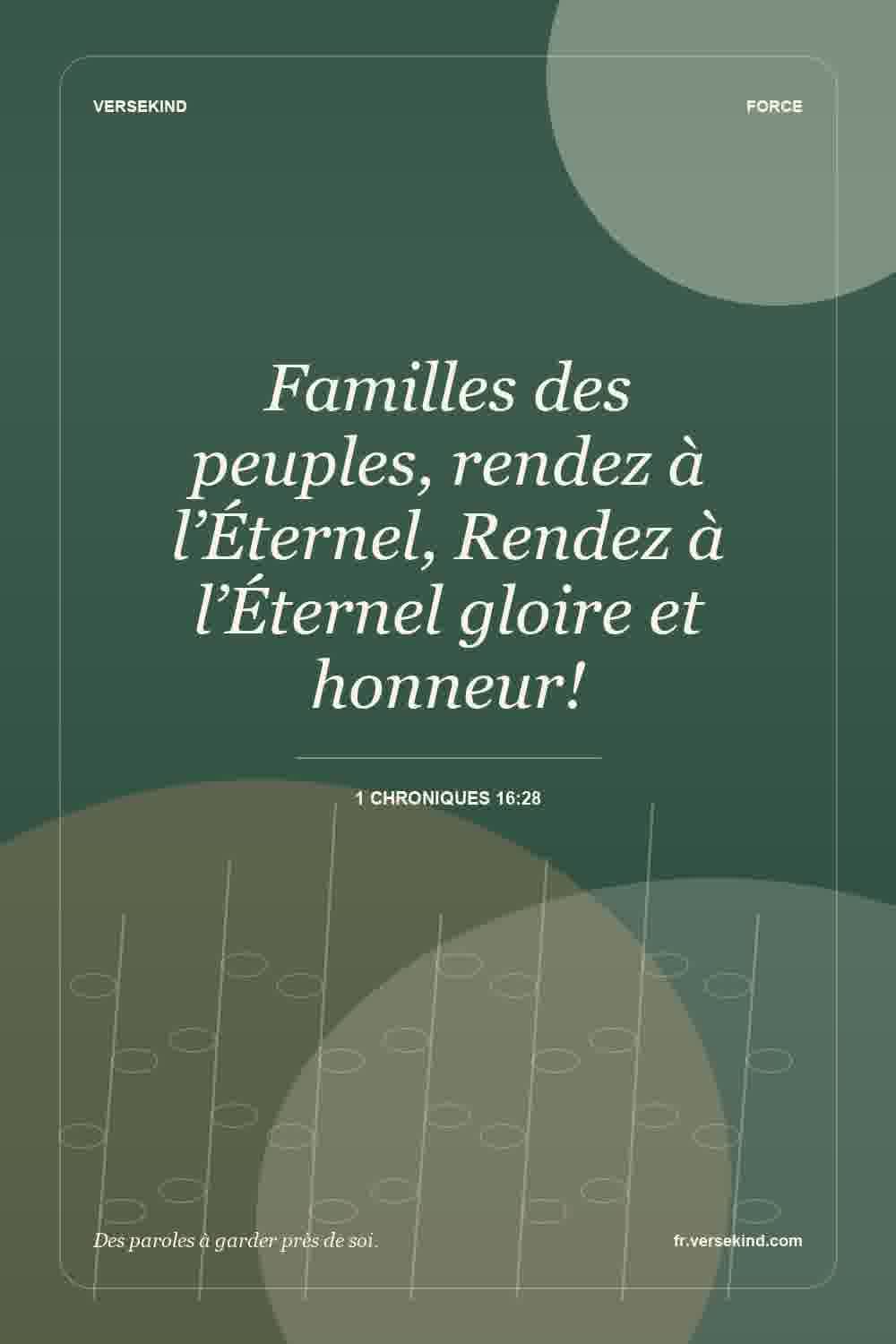 Familles des peuples, rendez à l’Éternel, Rendez à l’Éternel gloire et honneur! — 1 Chroniques 16:28