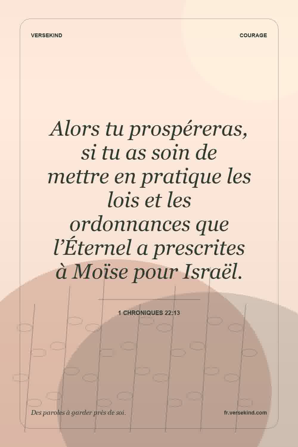 Alors tu prospéreras, si tu as soin de mettre en pratique les lois et les ordonnances que l’Éternel a prescrites à Moïse pour Israël. — 1 Chroniques 22:13