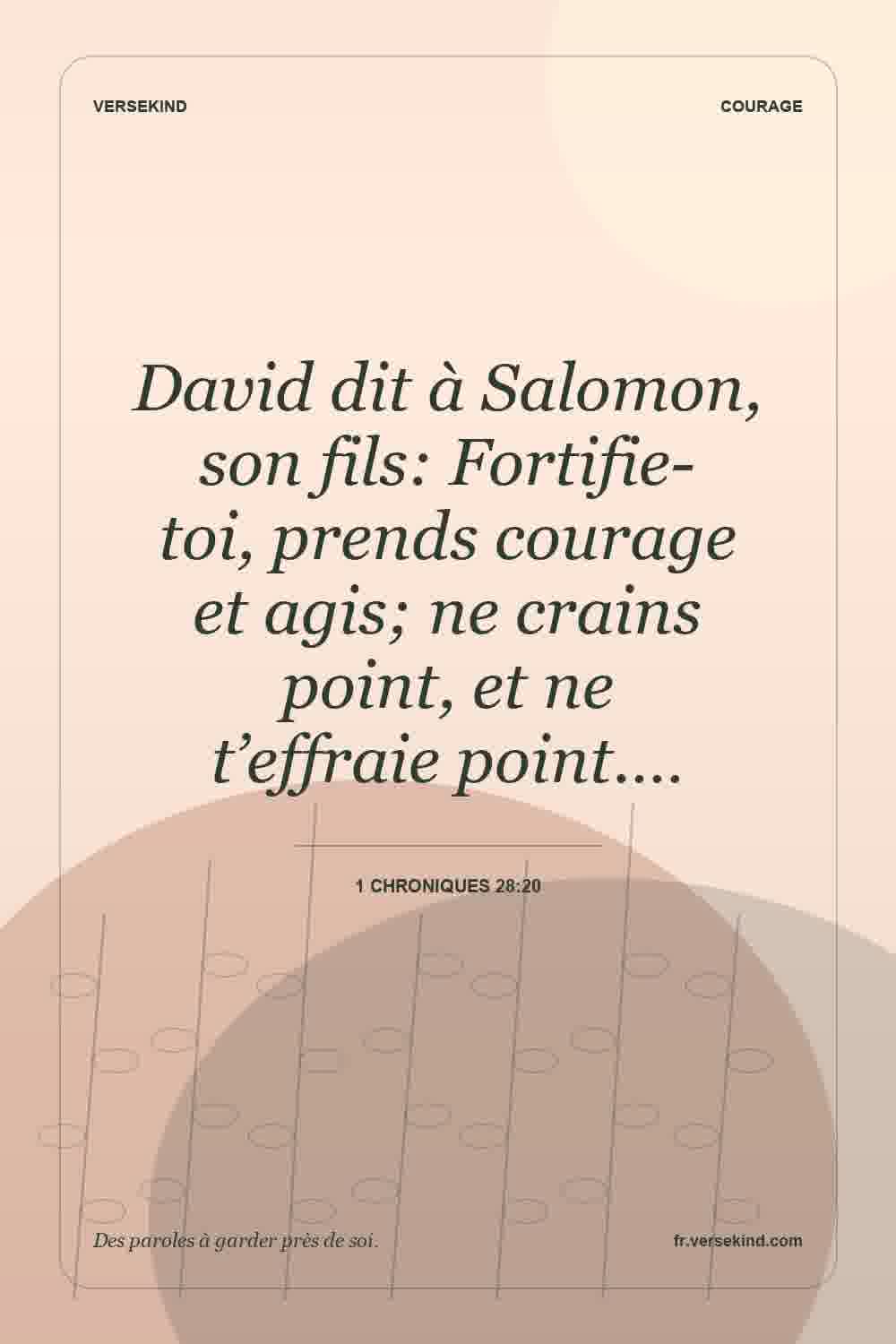 David dit à Salomon, son fils: Fortifie-toi, prends courage et agis; ne crains point, et ne t’effraie point.… — 1 Chroniques 28:20