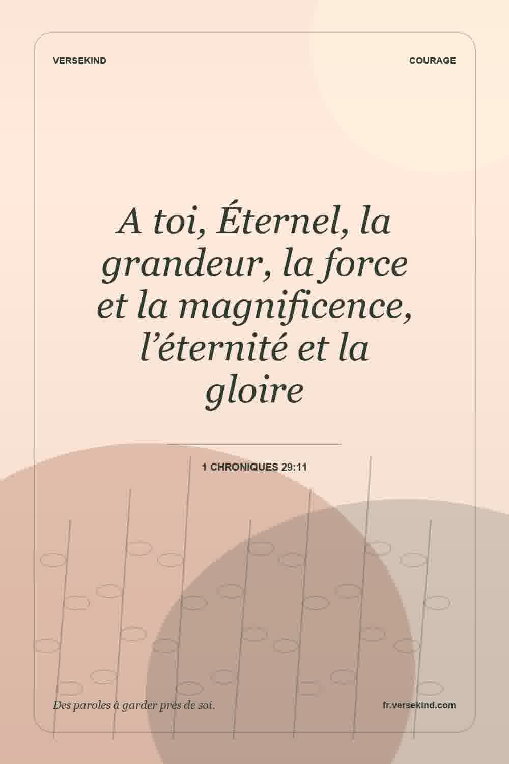 A toi, Éternel, la grandeur, la force et la magnificence, l’éternité et la gloire — 1 Chroniques 29:11