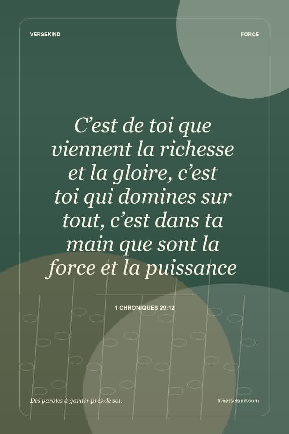 C’est de toi que viennent la richesse et la gloire, c’est toi qui domines sur tout, c’est dans ta main que sont la force et la puissance — 1 Chroniques 29:12