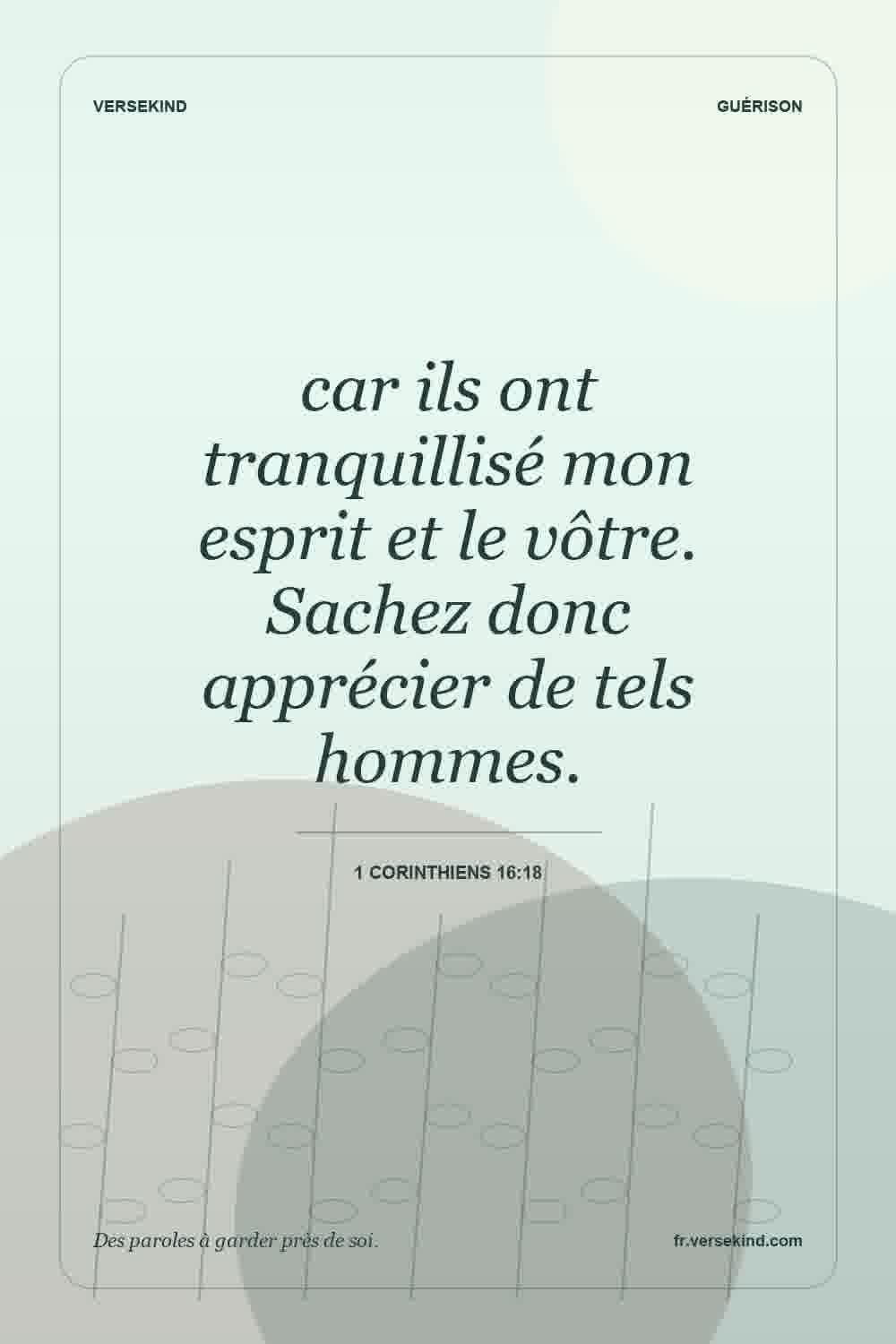 car ils ont tranquillisé mon esprit et le vôtre. Sachez donc apprécier de tels hommes. — 1 Corinthiens 16:18