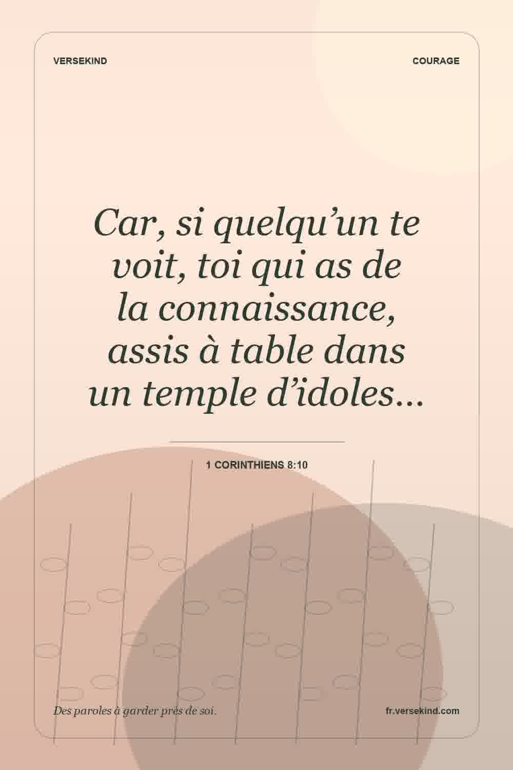 Car, si quelqu’un te voit, toi qui as de la connaissance, assis à table dans un temple d’idoles… — 1 Corinthiens 8:10