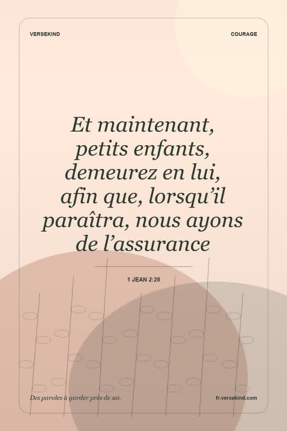 Et maintenant, petits enfants, demeurez en lui, afin que, lorsqu’il paraîtra, nous ayons de l’assurance — 1 Jean 2:28
