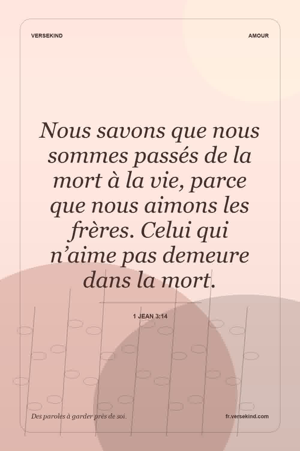 Nous savons que nous sommes passés de la mort à la vie, parce que nous aimons les frères. Celui qui n’aime pas demeure dans la mort. — 1 Jean 3:14
