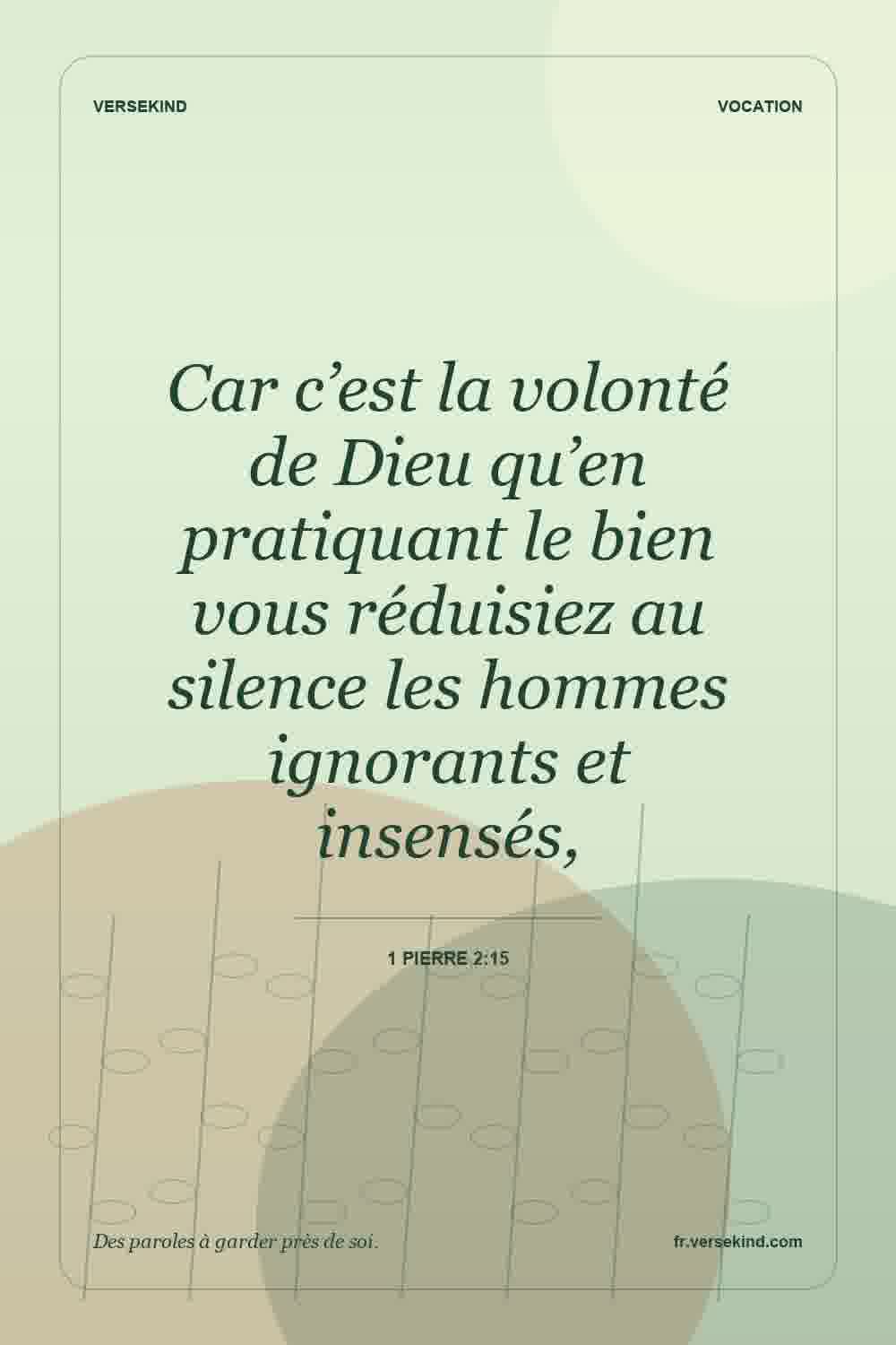 Car c’est la volonté de Dieu qu’en pratiquant le bien vous réduisiez au silence les hommes ignorants et insensés, — 1 Pierre 2:15