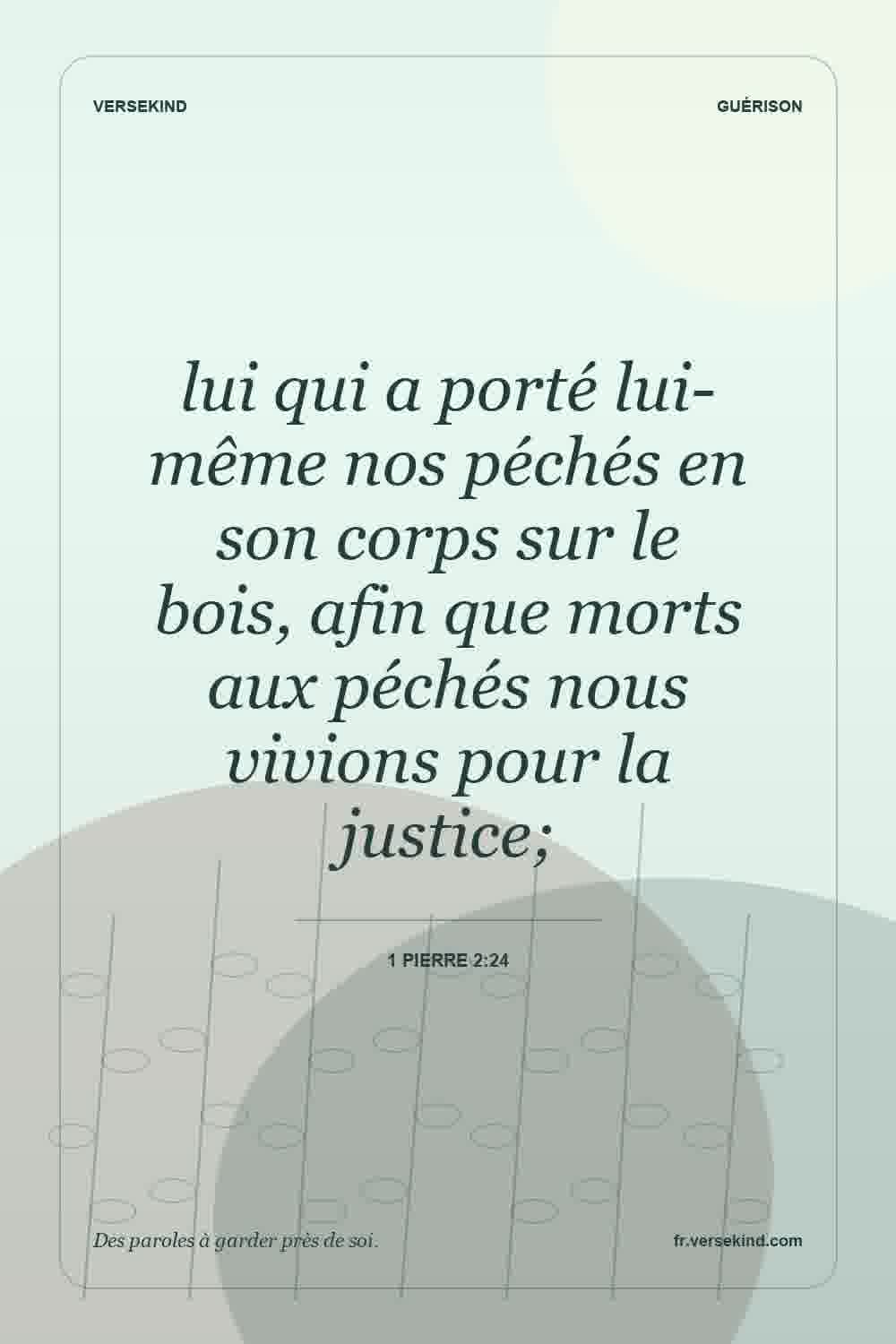 lui qui a porté lui-même nos péchés en son corps sur le bois, afin que morts aux péchés nous vivions pour la justice; — 1 Pierre 2:24