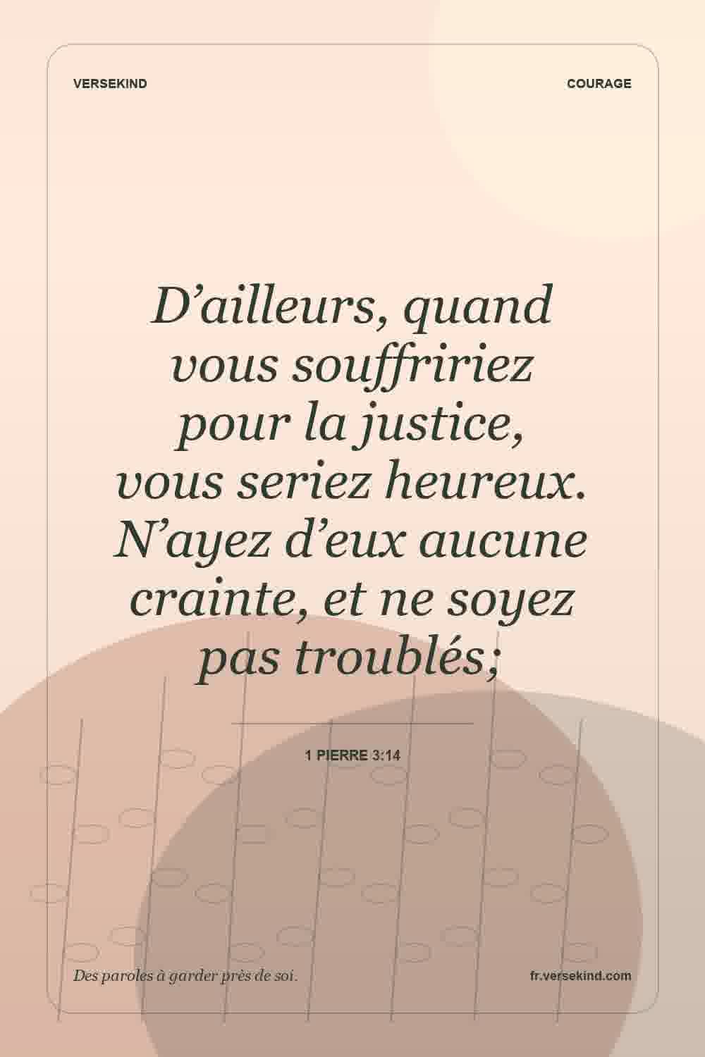 D’ailleurs, quand vous souffririez pour la justice, vous seriez heureux. N’ayez d’eux aucune crainte, et ne soyez pas troublés; — 1 Pierre 3:14