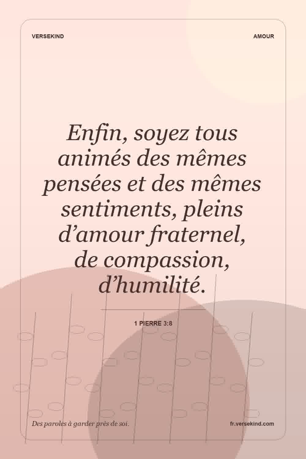Enfin, soyez tous animés des mêmes pensées et des mêmes sentiments, pleins d’amour fraternel, de compassion, d’humilité. — 1 Pierre 3:8