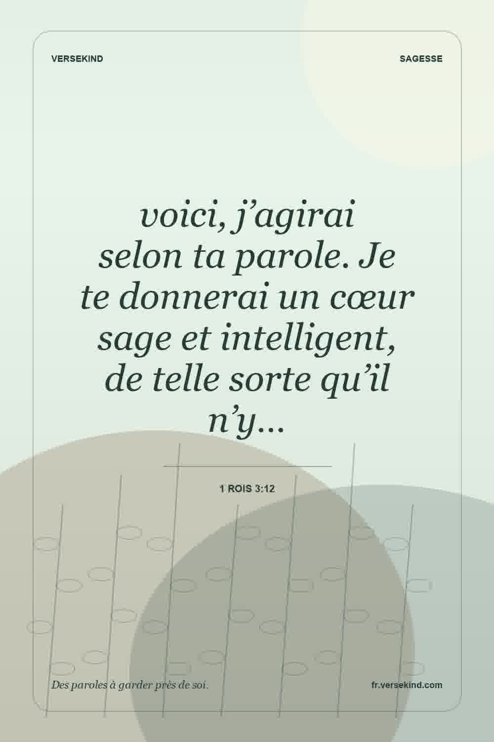 voici, j’agirai selon ta parole. Je te donnerai un cœur sage et intelligent, de telle sorte qu’il n’y… — 1 Rois 3:12