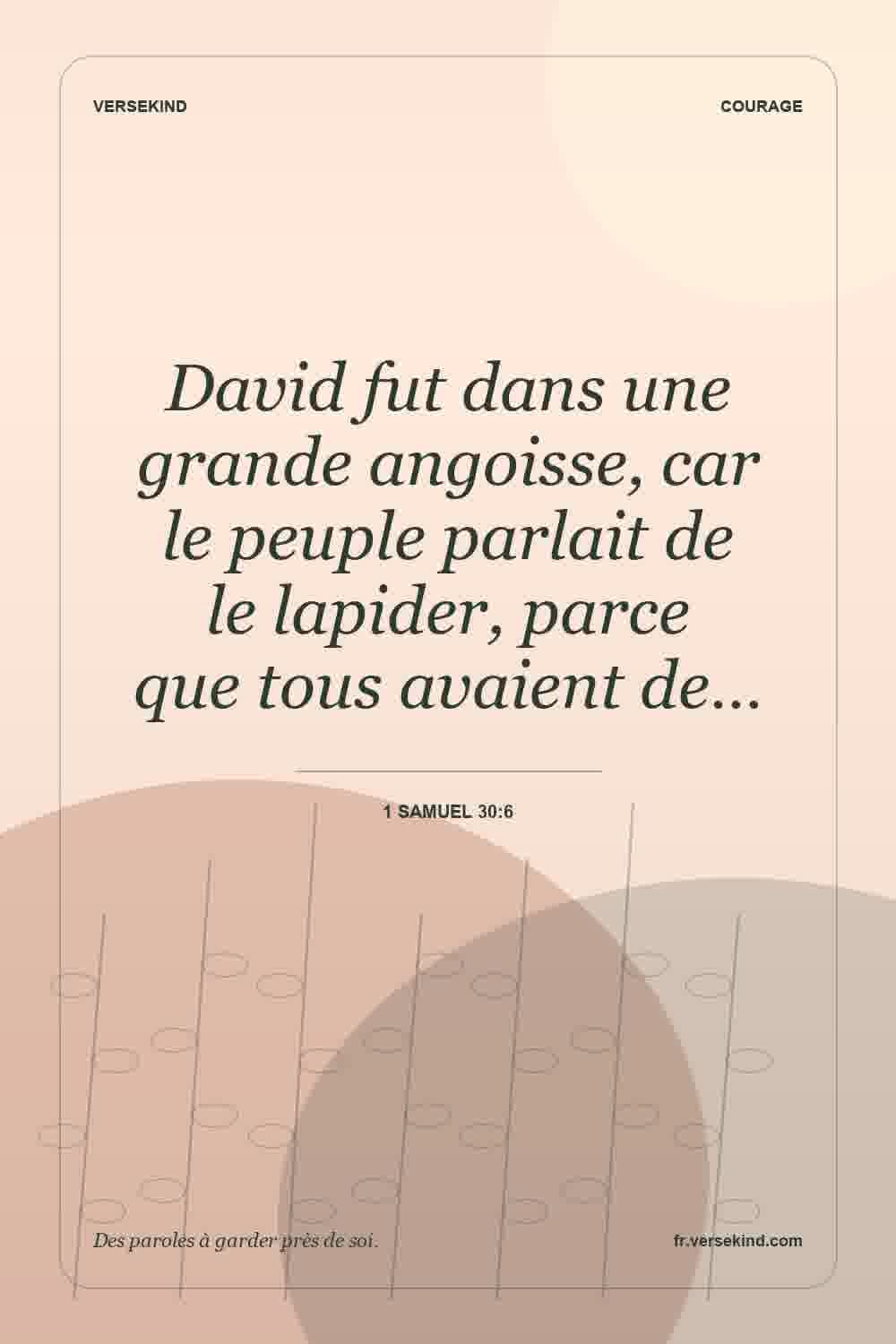 David fut dans une grande angoisse, car le peuple parlait de le lapider, parce que tous avaient de… — 1 Samuel 30:6