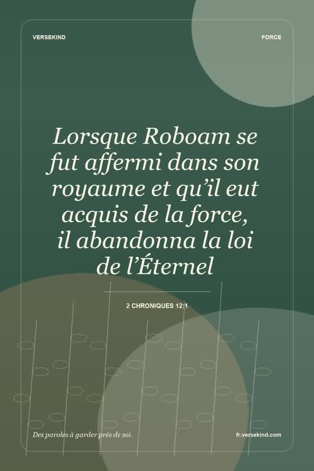 Lorsque Roboam se fut affermi dans son royaume et qu’il eut acquis de la force, il abandonna la loi de l’Éternel — 2 Chroniques 12:1