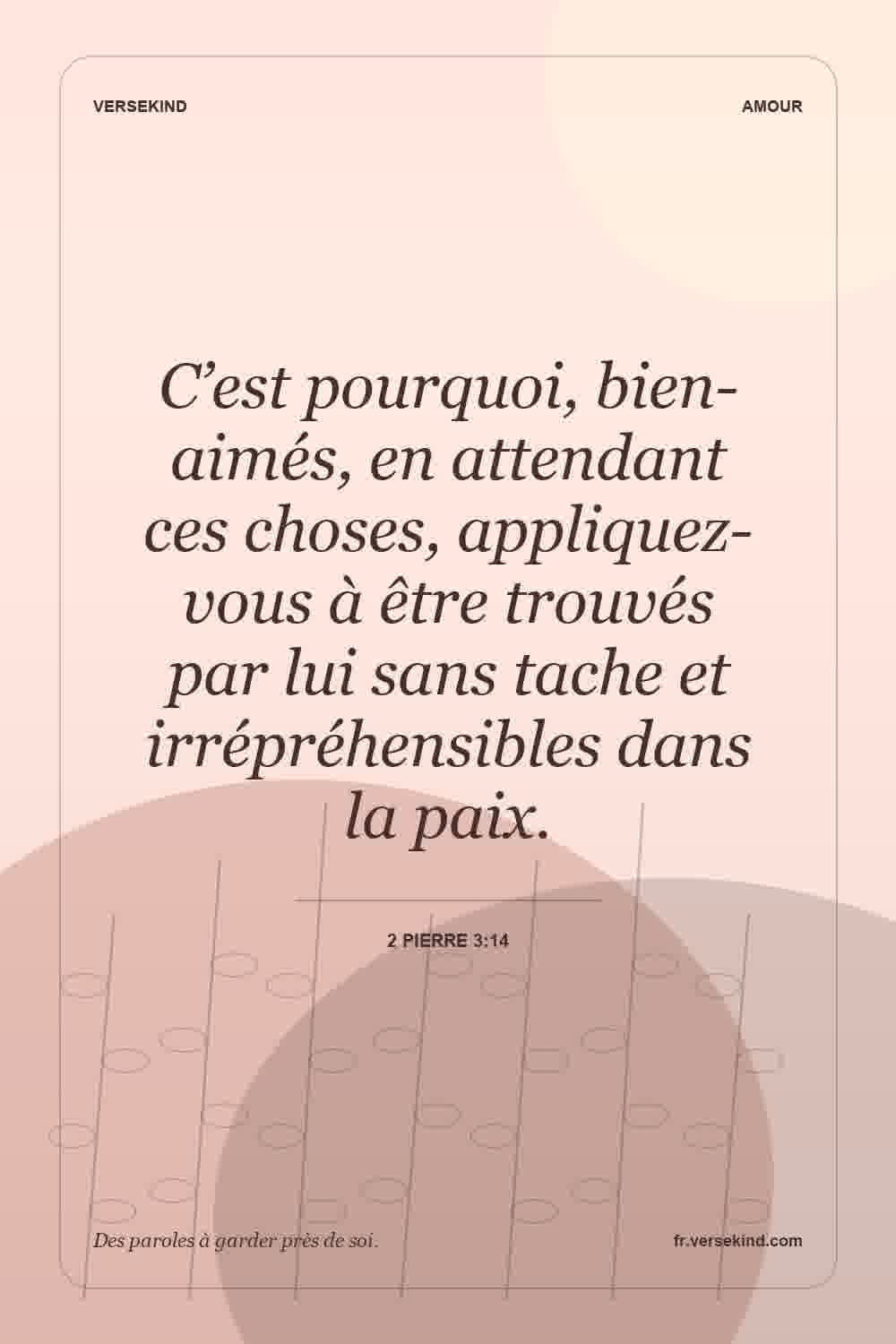 C’est pourquoi, bien-aimés, en attendant ces choses, appliquez-vous à être trouvés par lui sans tache et irrépréhensibles dans la paix. — 2 Pierre 3:14