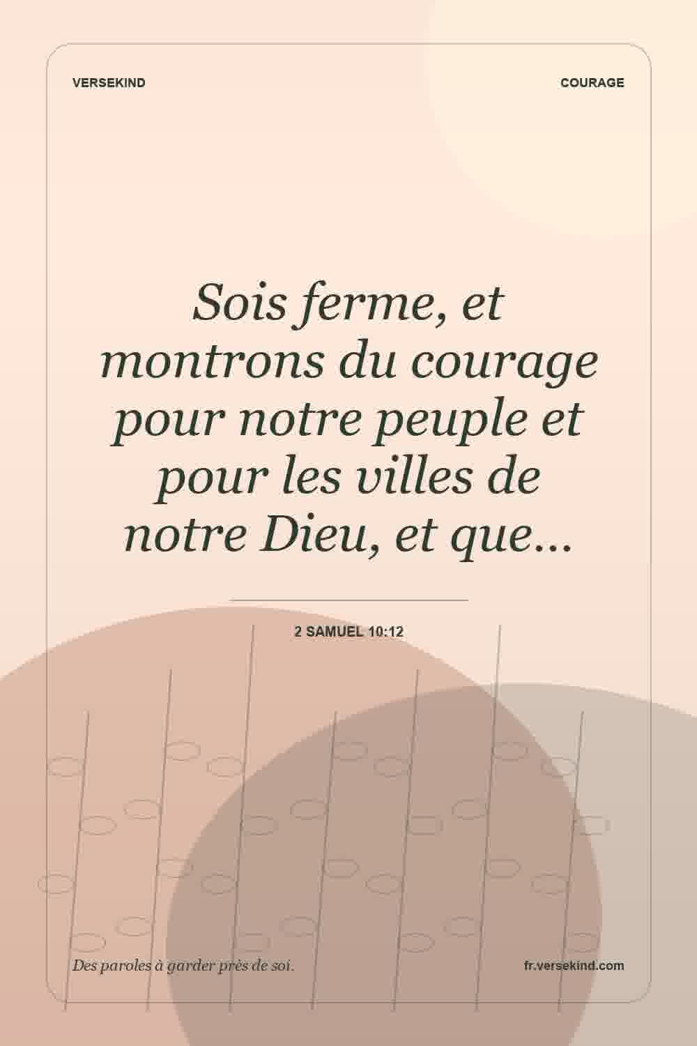 Sois ferme, et montrons du courage pour notre peuple et pour les villes de notre Dieu, et que… — 2 Samuel 10:12
