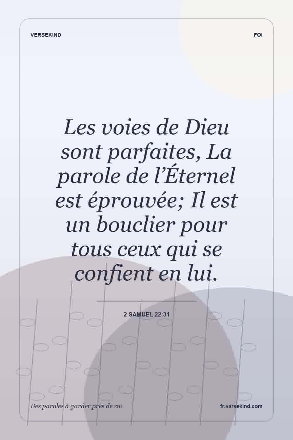 Les voies de Dieu sont parfaites, La parole de l’Éternel est éprouvée; Il est un bouclier pour tous ceux qui se confient en lui. — 2 Samuel 22:31