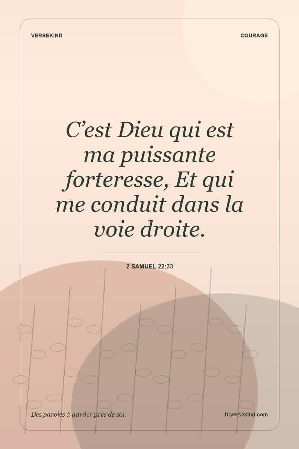 C’est Dieu qui est ma puissante forteresse, Et qui me conduit dans la voie droite. — 2 Samuel 22:33