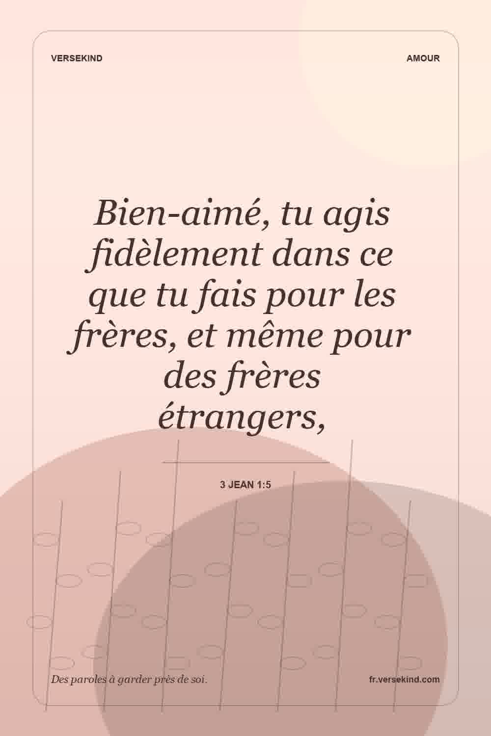 Bien-aimé, tu agis fidèlement dans ce que tu fais pour les frères, et même pour des frères étrangers, — 3 Jean 1:5