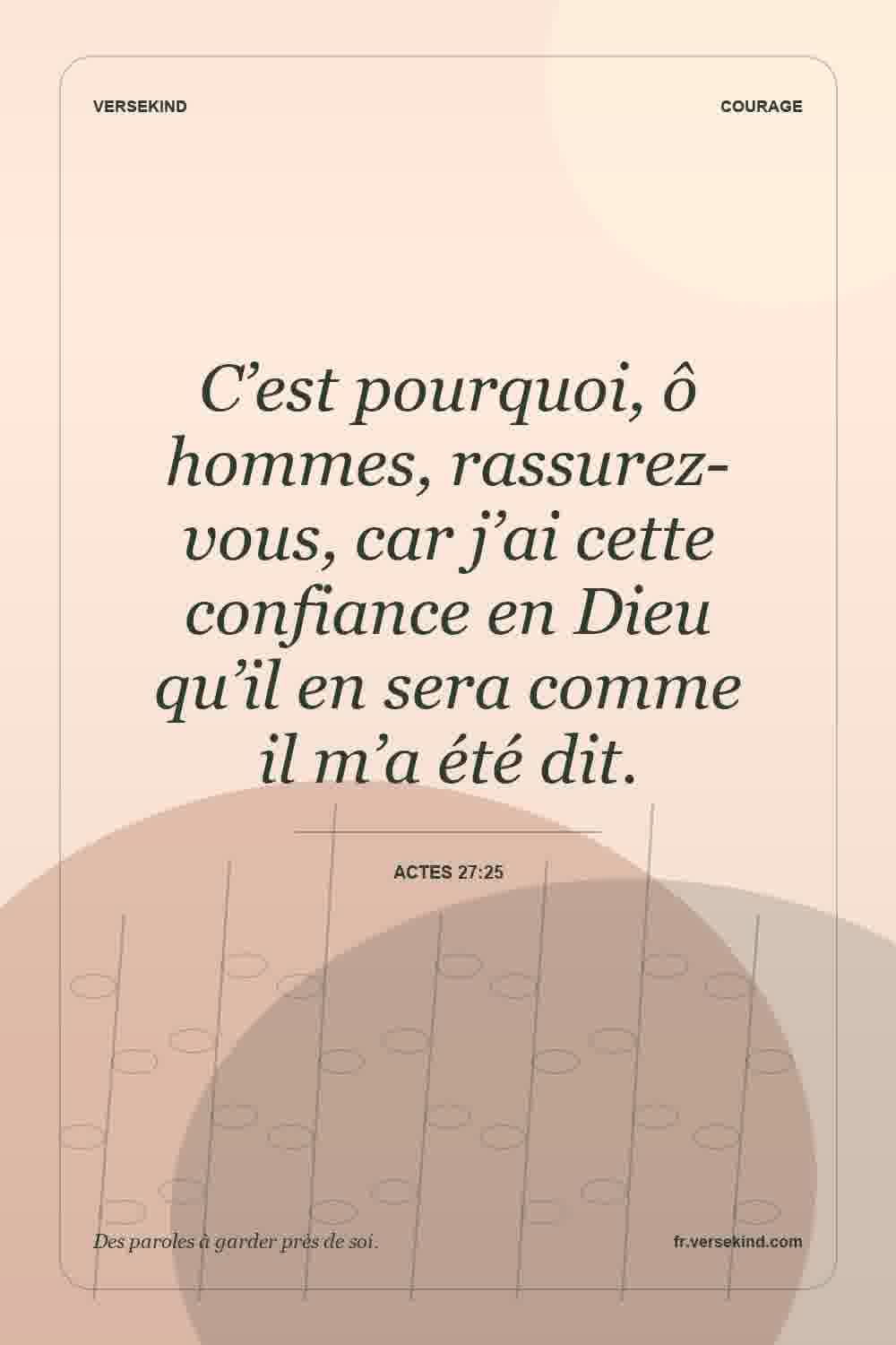 C’est pourquoi, ô hommes, rassurez-vous, car j’ai cette confiance en Dieu qu’il en sera comme il m’a été dit. — Actes 27:25