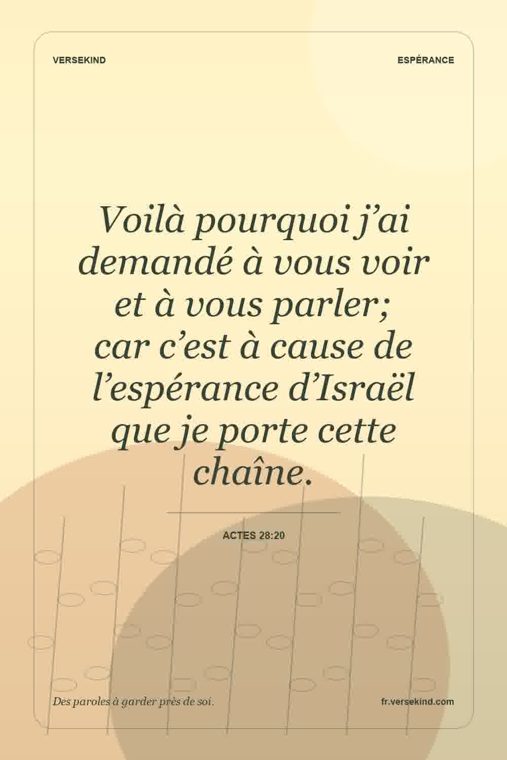 Voilà pourquoi j’ai demandé à vous voir et à vous parler; car c’est à cause de l’espérance d’Israël que je porte cette chaîne. — Actes 28:20