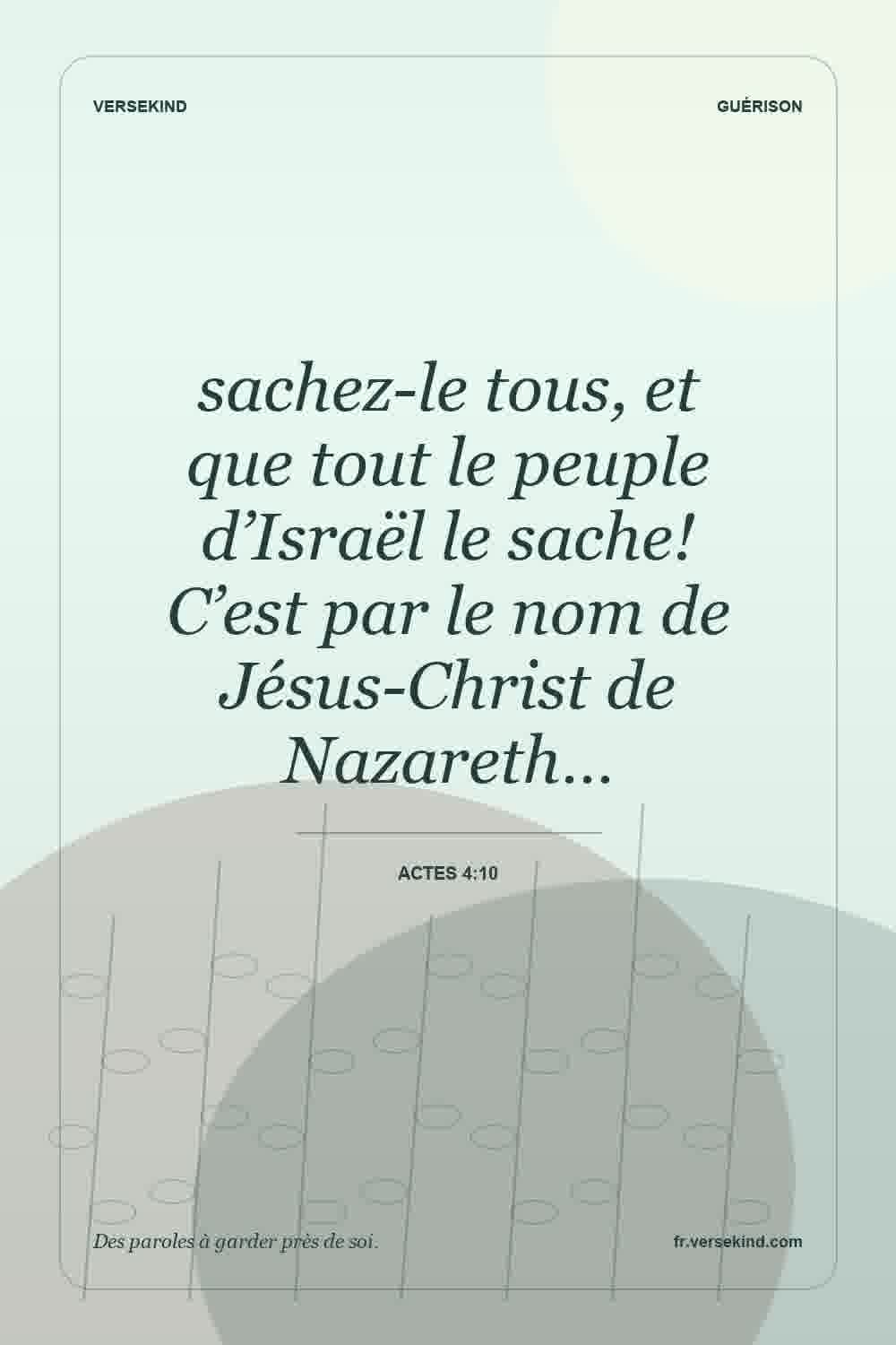 sachez-le tous, et que tout le peuple d’Israël le sache! C’est par le nom de Jésus-Christ de Nazareth… — Actes 4:10