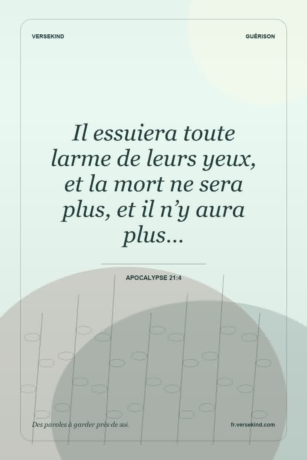Il essuiera toute larme de leurs yeux, et la mort ne sera plus, et il n’y aura plus… — Apocalypse 21:4