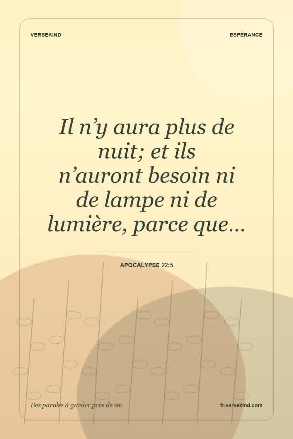 Il n’y aura plus de nuit; et ils n’auront besoin ni de lampe ni de lumière, parce que… — Apocalypse 22:5