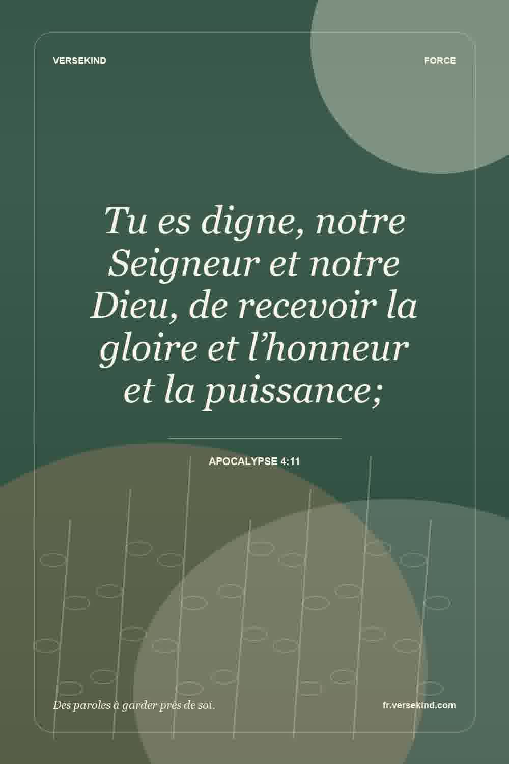 Tu es digne, notre Seigneur et notre Dieu, de recevoir la gloire et l’honneur et la puissance; — Apocalypse 4:11