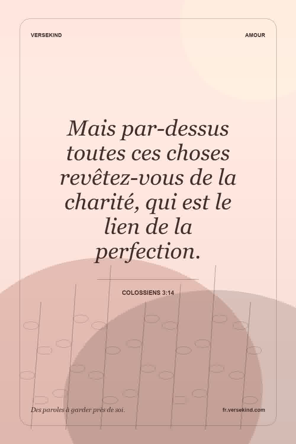 Mais par-dessus toutes ces choses revêtez-vous de la charité, qui est le lien de la perfection. — Colossiens 3:14