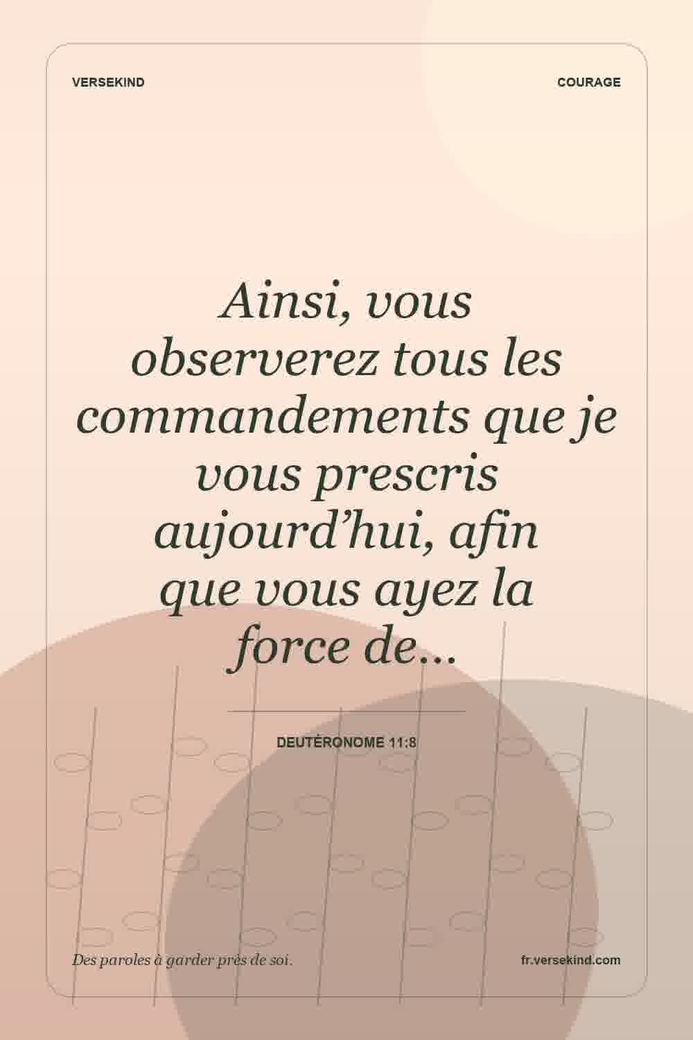 Ainsi, vous observerez tous les commandements que je vous prescris aujourd’hui, afin que vous ayez la force de… — Deutéronome 11:8