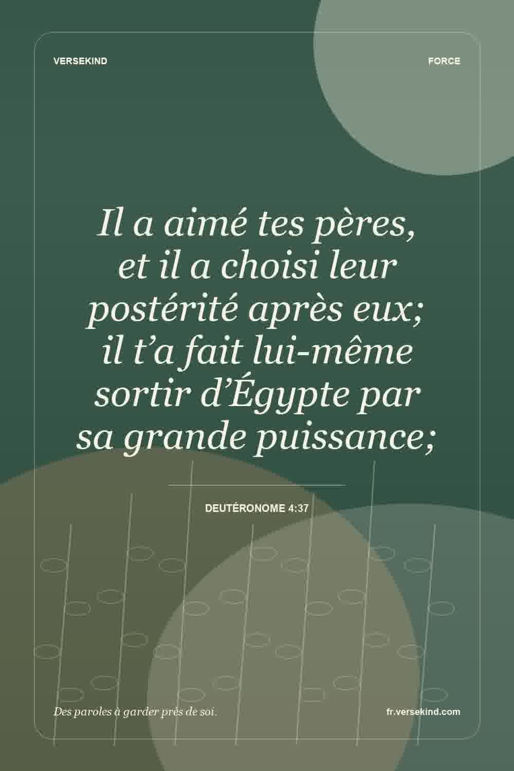 Il a aimé tes pères, et il a choisi leur postérité après eux; il t’a fait lui-même sortir d’Égypte par sa grande puissance; — Deutéronome 4:37