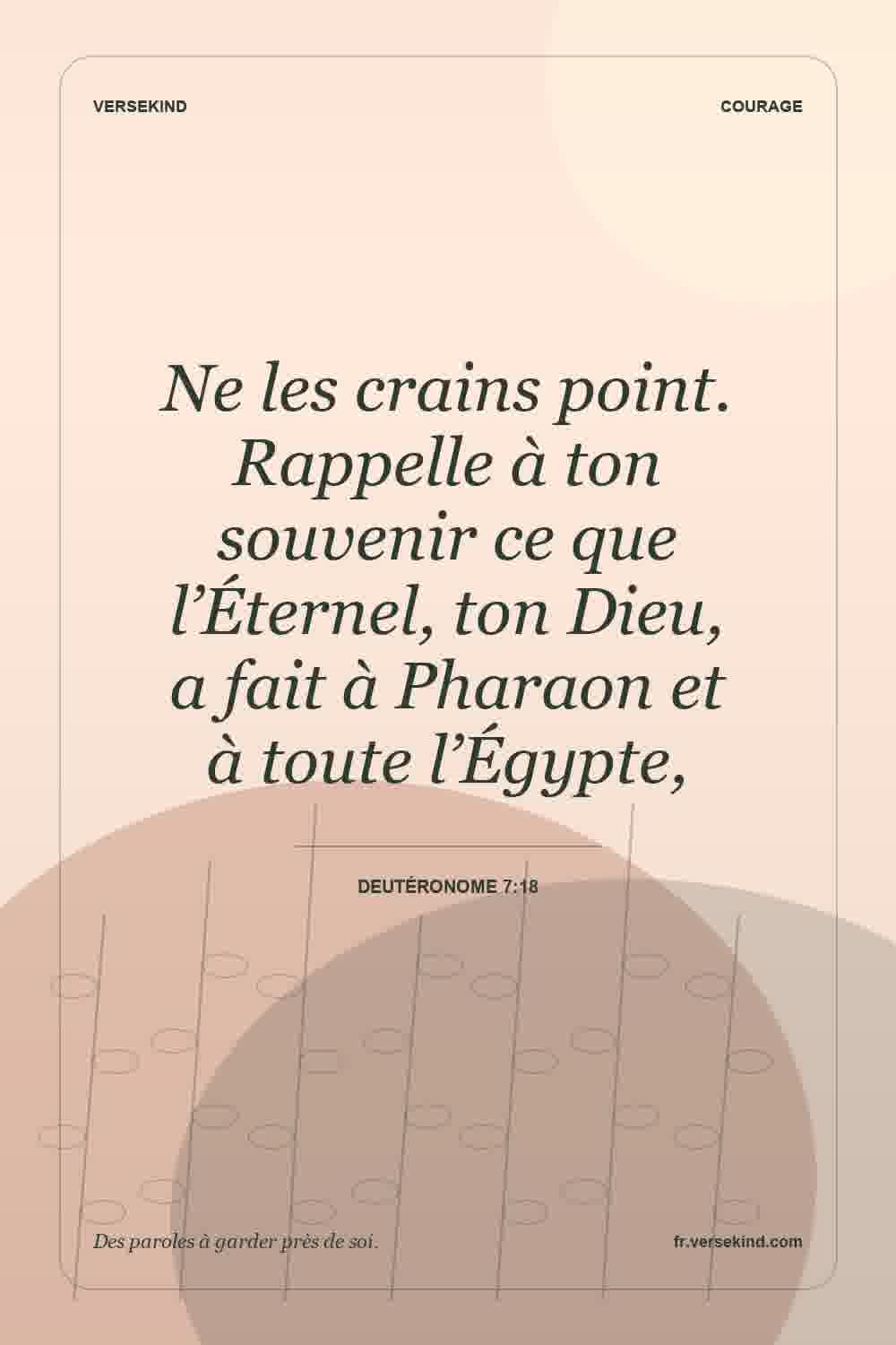 Ne les crains point. Rappelle à ton souvenir ce que l’Éternel, ton Dieu, a fait à Pharaon et à toute l’Égypte, — Deutéronome 7:18