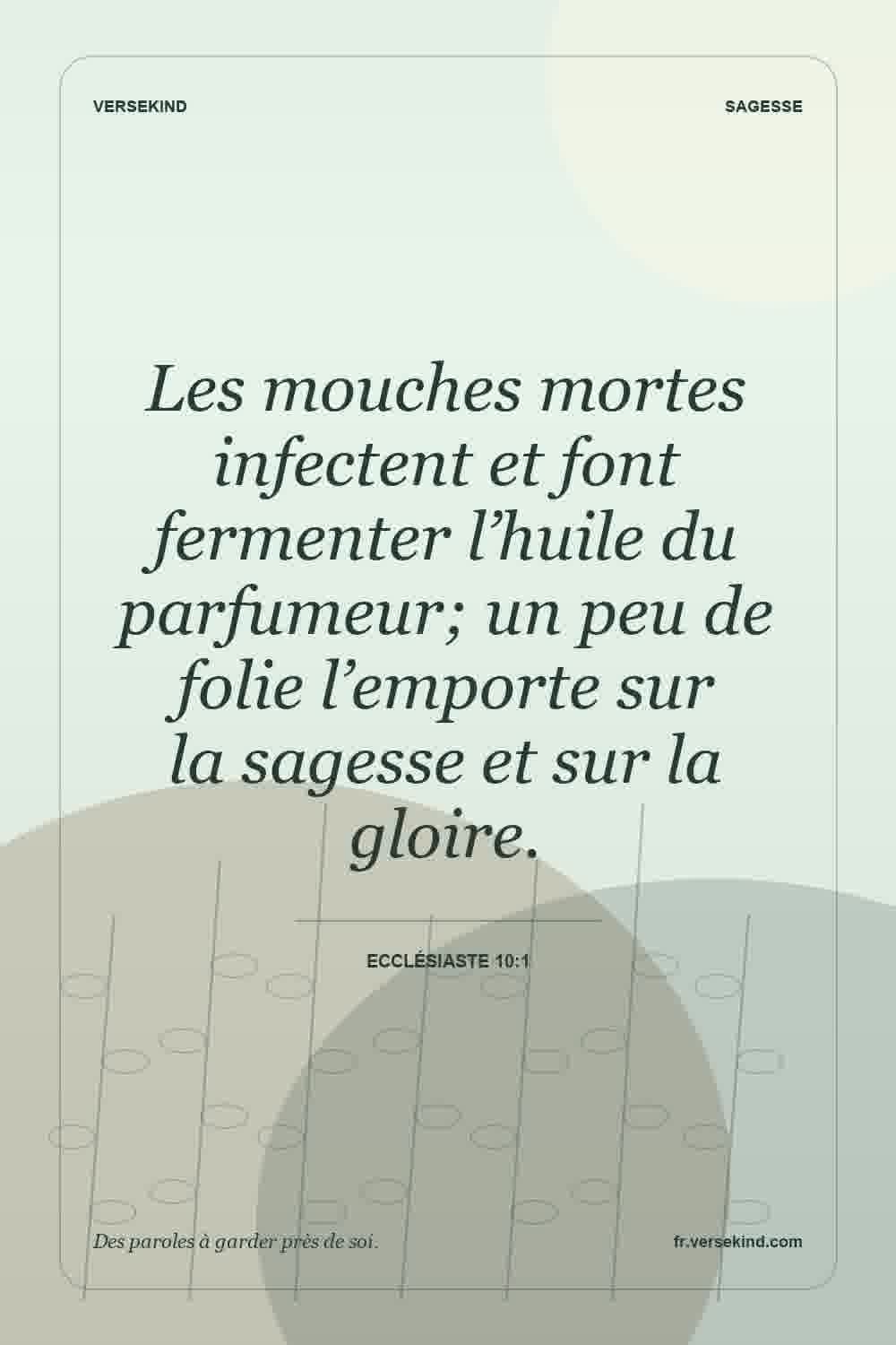 Les mouches mortes infectent et font fermenter l’huile du parfumeur; un peu de folie l’emporte sur la sagesse et sur la gloire. — Ecclésiaste 10:1
