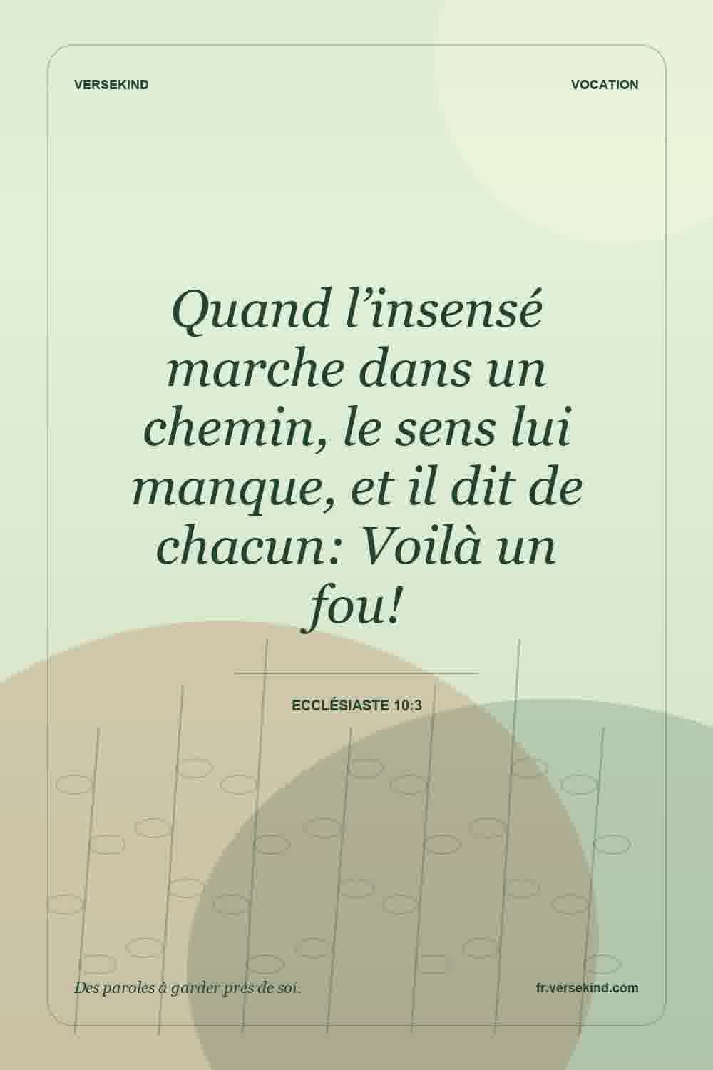 Quand l’insensé marche dans un chemin, le sens lui manque, et il dit de chacun: Voilà un fou! — Ecclésiaste 10:3