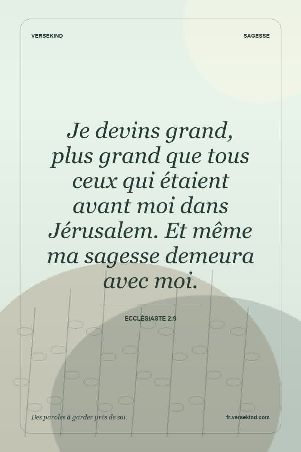 Je devins grand, plus grand que tous ceux qui étaient avant moi dans Jérusalem. Et même ma sagesse demeura avec moi. — Ecclésiaste 2:9