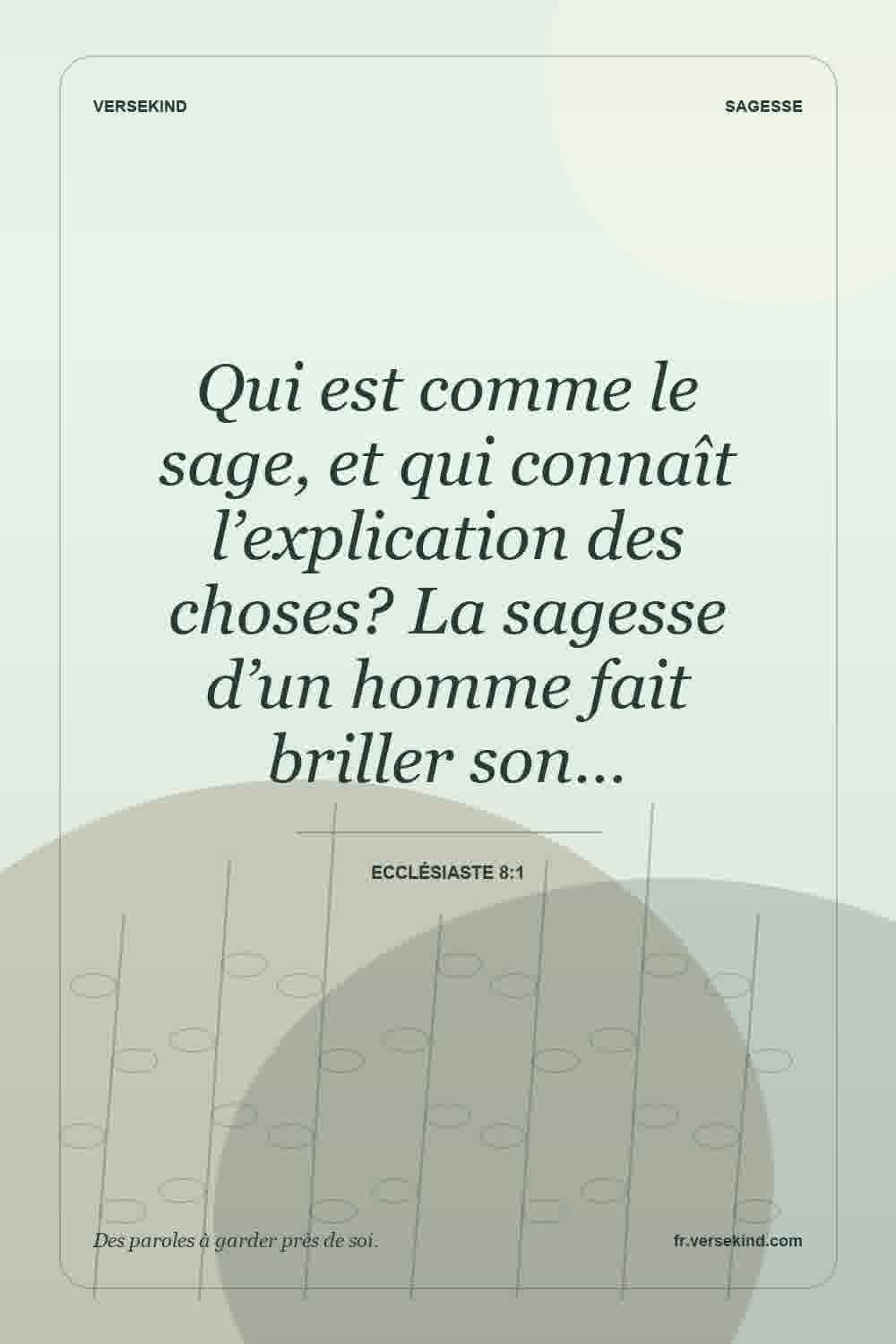 Qui est comme le sage, et qui connaît l’explication des choses? La sagesse d’un homme fait briller son… — Ecclésiaste 8:1