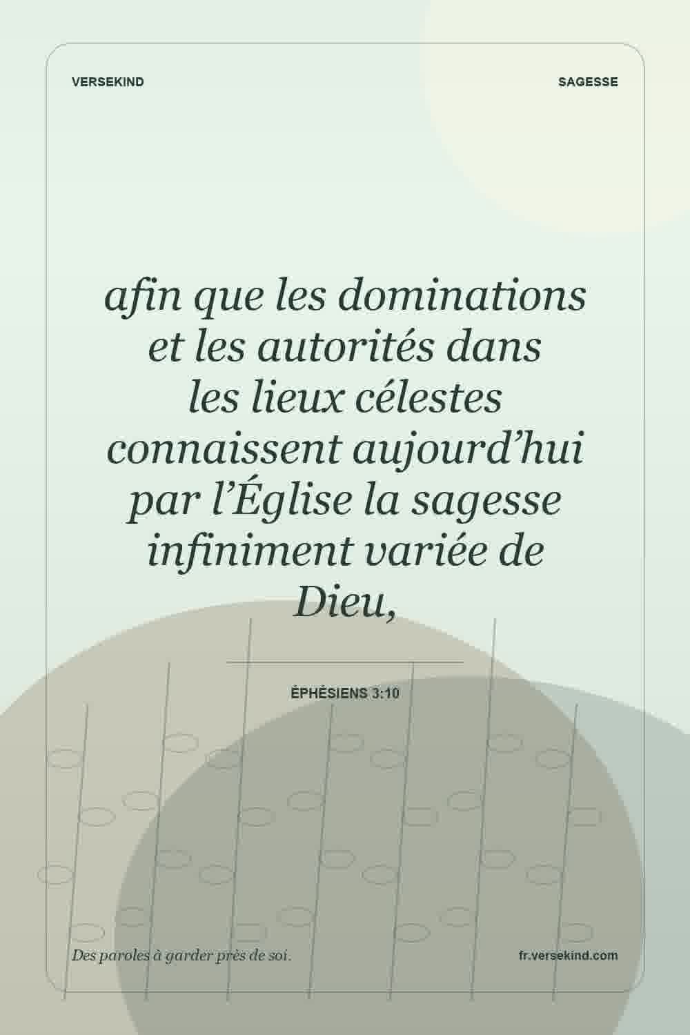 afin que les dominations et les autorités dans les lieux célestes connaissent aujourd’hui par l’Église la sagesse infiniment variée de Dieu, — Éphésiens 3:10