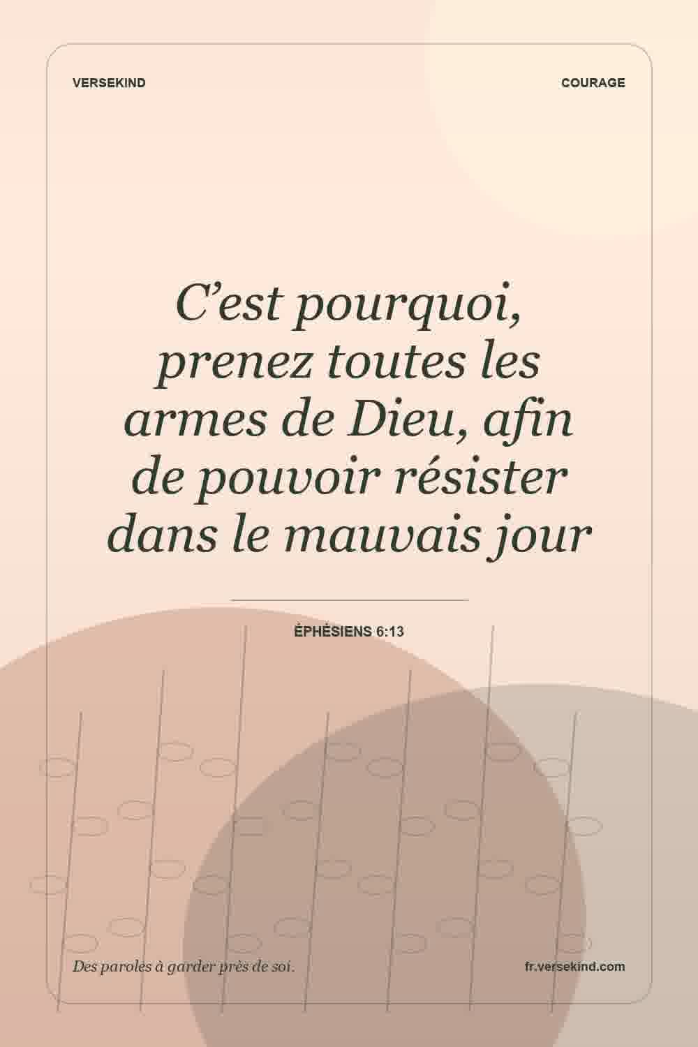 C’est pourquoi, prenez toutes les armes de Dieu, afin de pouvoir résister dans le mauvais jour — Éphésiens 6:13