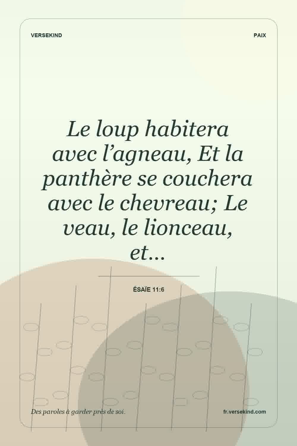 Le loup habitera avec l’agneau, Et la panthère se couchera avec le chevreau; Le veau, le lionceau, et… — Ésaïe 11:6