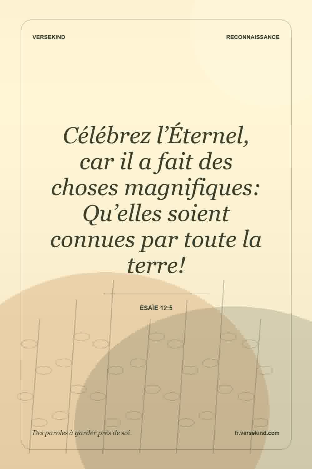 Célébrez l’Éternel, car il a fait des choses magnifiques: Qu’elles soient connues par toute la terre! — Ésaïe 12:5