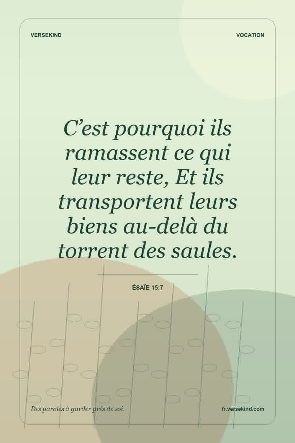 C’est pourquoi ils ramassent ce qui leur reste, Et ils transportent leurs biens au-delà du torrent des saules. — Ésaïe 15:7
