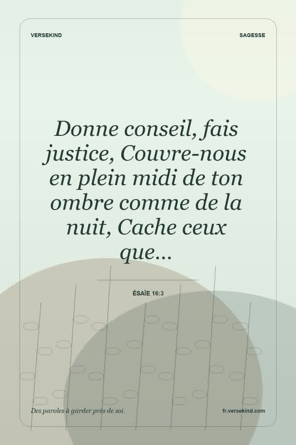 Donne conseil, fais justice, Couvre-nous en plein midi de ton ombre comme de la nuit, Cache ceux que… — Ésaïe 16:3