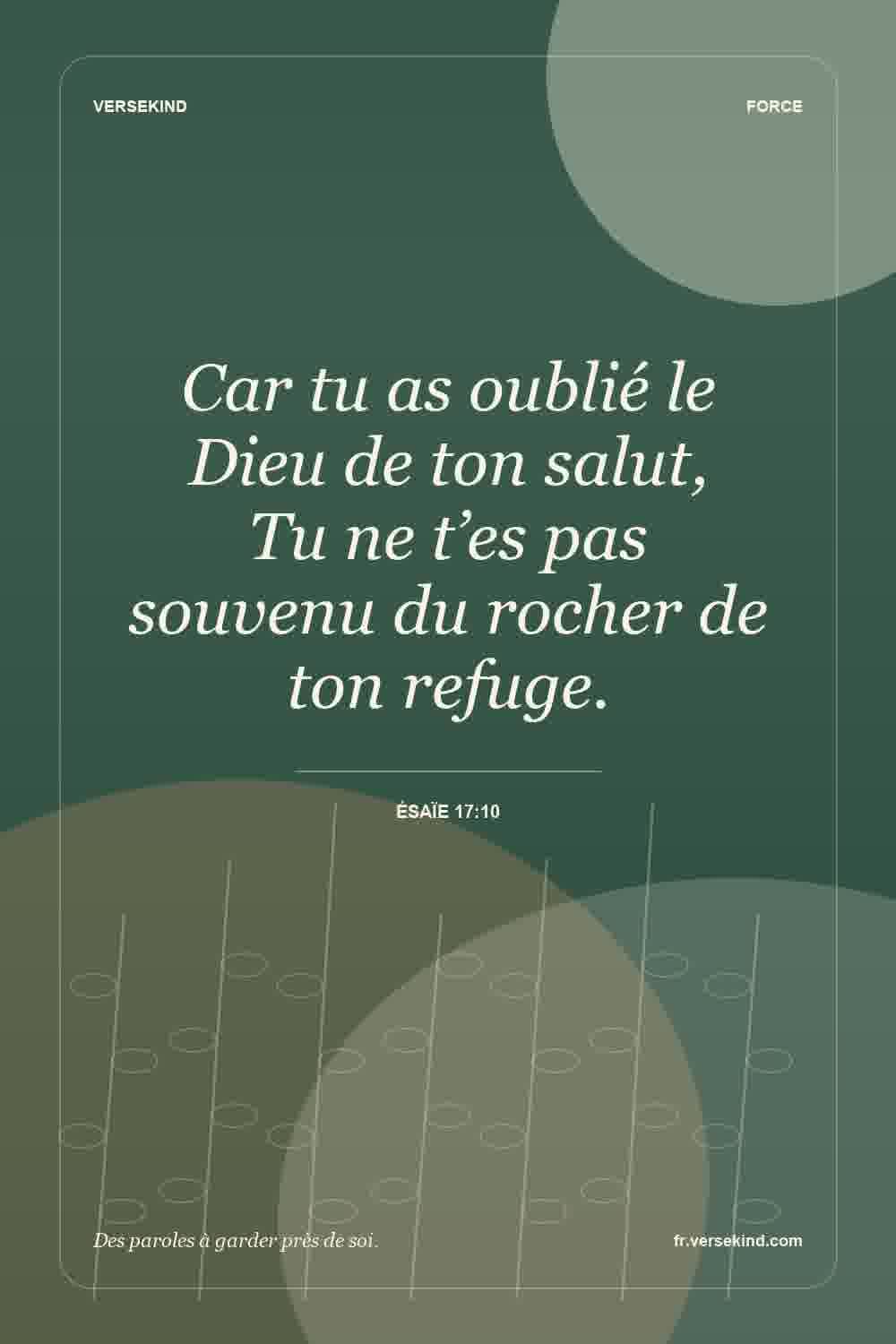 Car tu as oublié le Dieu de ton salut, Tu ne t’es pas souvenu du rocher de ton refuge. — Ésaïe 17:10
