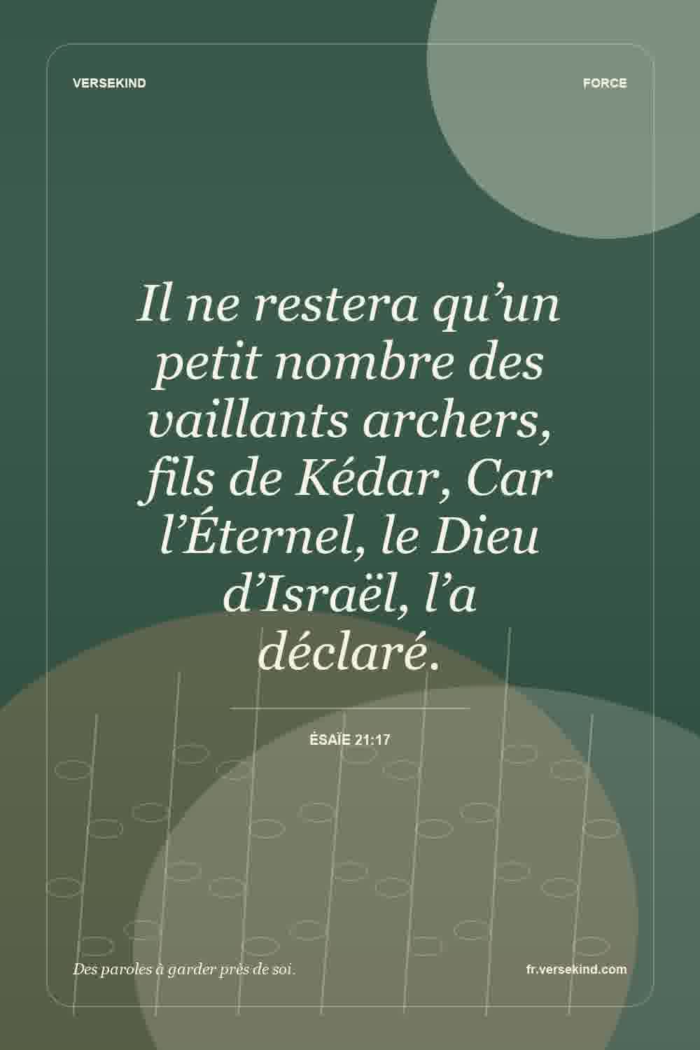 Il ne restera qu’un petit nombre des vaillants archers, fils de Kédar, Car l’Éternel, le Dieu d’Israël, l’a déclaré. — Ésaïe 21:17