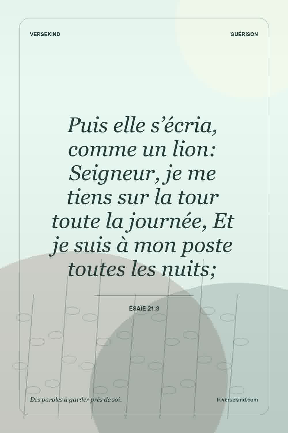Puis elle s’écria, comme un lion: Seigneur, je me tiens sur la tour toute la journée, Et je suis à mon poste toutes les nuits; — Ésaïe 21:8