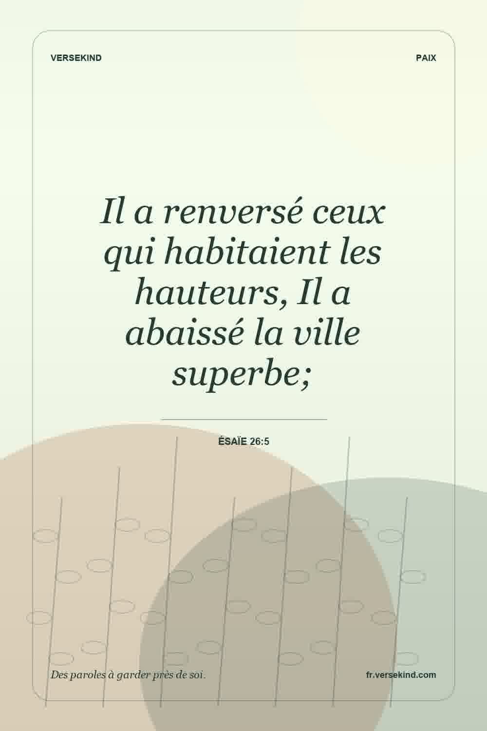 Il a renversé ceux qui habitaient les hauteurs, Il a abaissé la ville superbe; — Ésaïe 26:5