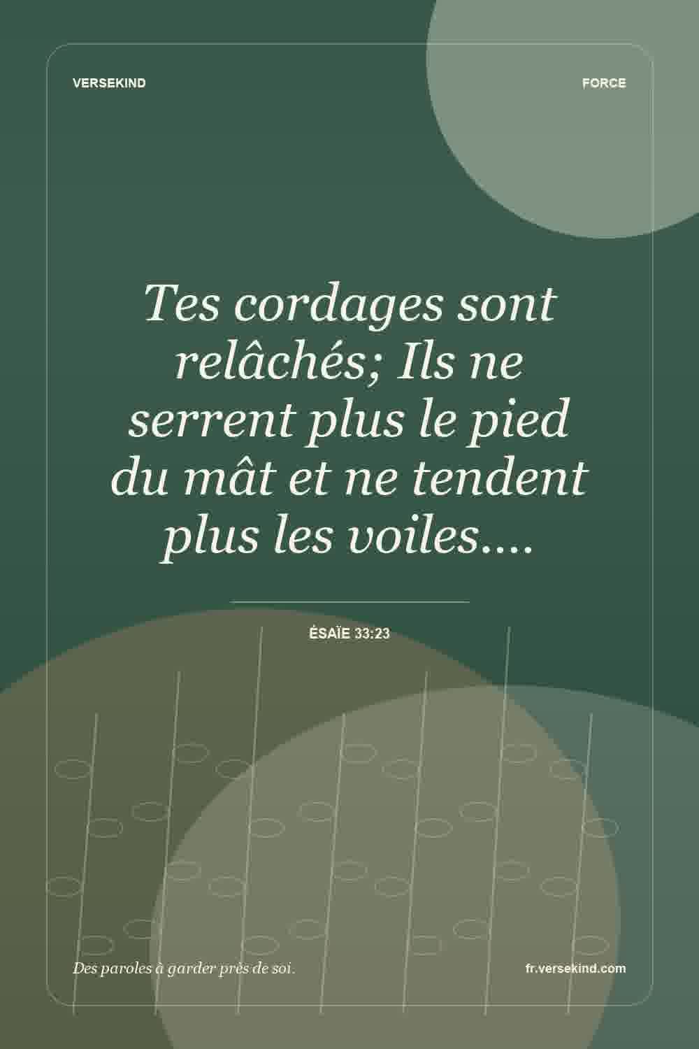 Tes cordages sont relâchés; Ils ne serrent plus le pied du mât et ne tendent plus les voiles.… — Ésaïe 33:23