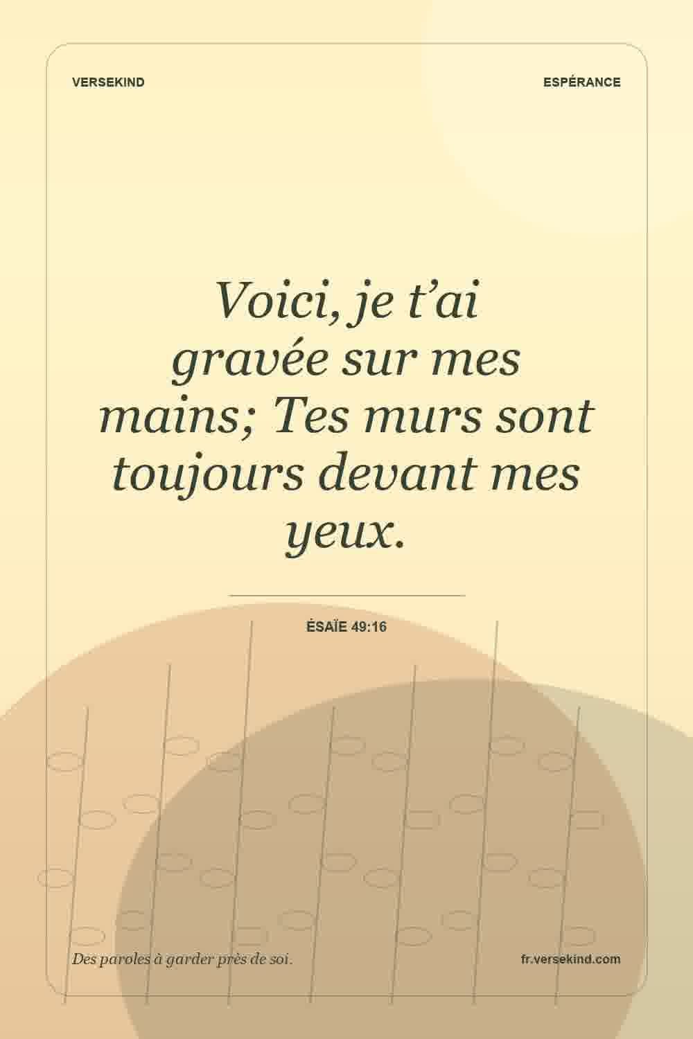 Voici, je t’ai gravée sur mes mains; Tes murs sont toujours devant mes yeux. — Ésaïe 49:16