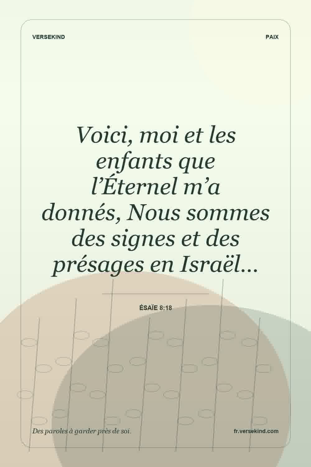 Voici, moi et les enfants que l’Éternel m’a donnés, Nous sommes des signes et des présages en Israël… — Ésaïe 8:18