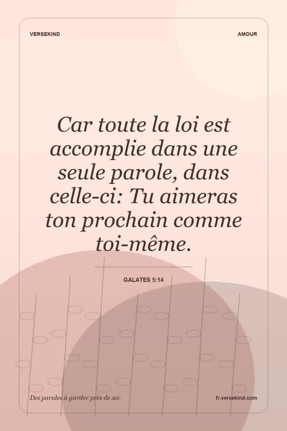 Car toute la loi est accomplie dans une seule parole, dans celle-ci: Tu aimeras ton prochain comme toi-même. — Galates 5:14